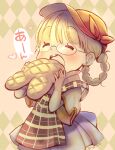  1girl ^_^ apron bangs blonde_hair blunt_bangs blush bread chibi closed_eyes diamond_(shape) dress eating food hair_rings happy hat heart highres holding holding_food made_in_abyss melon_bread open_mouth plaid plaid_apron red_headwear riko_(made_in_abyss) short_sleeves solo speech_bubble toro_astro 