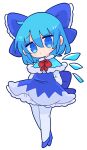  1girl bangs blue_bow blue_capelet blue_dress blue_eyes blue_footwear blue_hair bow capelet cirno dress flat_chest hair_bow highres ice ice_wings neck_ribbon op_na_yarou pinafore_dress puffy_short_sleeves puffy_sleeves red_neckwear ribbon shirt shoes short_dress short_hair short_sleeves simple_background solo thigh-highs touhou white_background white_legwear white_shirt wings 