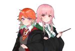  2girls alternate_costume bangs black_robe earrings eyebrows_visible_through_hair feather_earrings feathers gradient_hair gryffindor harry_potter_(series) highres hogwarts_school_uniform hololive hololive_english jewelry mori_calliope multicolored_hair multiple_girls necktie orange_hair pink_hair red_eyes school_uniform slytherin takanashi_kiara tera_(trs82341711) tsundere vest violet_eyes virtual_youtuber wand yuri 