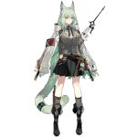  1girl ahmoni_(arknights) animal_ear_fluff animal_ears arknights artist_request bangs black_footwear black_skirt boots cardigan cat_ears cat_tail eyebrows_visible_through_hair full_body green_eyes green_hair grey_cardigan grey_legwear hand_up holding holding_wand infection_monitor_(arknights) jacket jacket_on_shoulders keychain kneehighs long_hair long_sleeves looking_at_viewer miniskirt official_art pleated_skirt skirt smile solo standing tail transparent_background very_long_hair wand white_jacket 