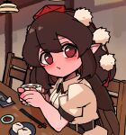  1girl black_hair blush chair closed_mouth cup drinking_glass eyebrows_visible_through_hair hat holding holding_cup indoors looking_at_viewer pointy_ears red_eyes shameimaru_aya short_hair short_sleeves solo tokin_hat touhou yugi_0928 