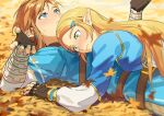  1boy 1girl autumn_leaves black_gloves blonde_hair blue_eyes blue_tunic blush closed_mouth earrings fingerless_gloves gloves green_eyes hair_ornament hairclip jewelry leaf link long_hair looking_up lying lying_on_person on_back pointy_ears princess_zelda short_hair strap the_legend_of_zelda the_legend_of_zelda:_breath_of_the_wild werlosk 