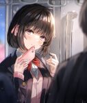  1girl bangs black_hair black_jacket blazer blurry blurry_foreground blush bow bowtie cardigan cellphone closed_mouth commentary_request day eyebrows_visible_through_hair hair_ribbon highres holding holding_phone jacket long_sleeves minestrone_takizawa original phone pink_cardigan pink_ribbon red_bow red_bowtie ribbon school_uniform shirt short_hair smartphone smile solo_focus train_interior upper_body white_shirt wireless_earphones 