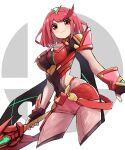  1girl black_gloves blush breasts brown_eyes closed_mouth earrings eyebrows_visible_through_hair fingerless_gloves gloves highres jewelry large_breasts looking_at_viewer pyra_(xenoblade) redhead short_hair smile solo xenoblade_chronicles_(series) yachima_tana 