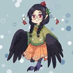  1girl bird_legs black_feathers black_hair black_wings braid commentary_request commission eyebrows_visible_through_hair glasses green_sweater harpy karasu_tengu_(monster_girl_encyclopedia) long_hair monster_girl monster_girl_encyclopedia orange_skirt red_eyes round_eyewear skeb_commission skirt solo standing standing_on_one_leg sweater talons twin_braids urotori winged_arms wings 