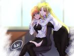  2girls ahoge arm_between_breasts arms_around_neck artist_name backlighting bangs between_breasts black_legwear black_shirt black_skirt blonde_hair blue_eyes blurry blurry_background blush breasts brown_hair chair collared_shirt commentary_request commission depth_of_field eyebrows_visible_through_hair fate_testarossa frown highres hug hug_from_behind indoors leaning_forward leonis_g long_hair looking_at_another looking_back lyrical_nanoha mahou_shoujo_lyrical_nanoha_strikers medium_breasts medium_skirt miniskirt multiple_girls neck_ribbon office_chair open_clothes open_mouth open_shirt pantyhose partially_unbuttoned pencil_skirt red_eyes ribbon shirt side_slit signature sitting skeb_commission skirt smile standing sweatdrop teana_lanster thigh-highs tsab_executive_military_uniform wing_collar yuri 