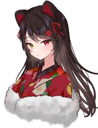  1girl animal_ears bangs blush brown_hair closed_mouth commentary_request dog_ears eyebrows_visible_through_hair floral_print flower hair_flower hair_ornament hair_ribbon heterochromia inui_toko japanese_clothes keichan_(user_afpk7473) kimono long_hair looking_at_viewer nijisanji print_kimono red_eyes red_kimono red_ribbon ribbon solo upper_body virtual_youtuber white_background yellow_eyes 