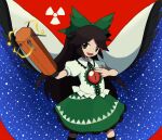  1girl black_eyes black_hair black_wings bow cape fuel_rod_cannon gesture green_bow green_skirt long_hair night night_sky open_mouth pointing pttarou_(potetaro) radiation_symbol red_background reiuji_utsuho shirt simple_background skirt sky smile solo standing star_(sky) third_eye touhou white_shirt wings 