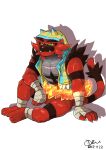  absurdres ankle_wrap claws closed_mouth clothed_pokemon colored_sclera commentary_request demon_king_fish fangs fangs_out green_eyes green_vest highres hood hood_up hooded_vest hoodie incineroar open_clothes open_vest pokemon pokemon_(creature) sitting solo toes vest wrist_wrap yellow_sclera 