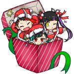  3girls adapted_costume bangs black_hair blue_hair blunt_bangs blush box chibi christmas closed_eyes closed_mouth commentary_request demon_girl demon_horns ear_chain ear_piercing engacyo_(engacyo39800yen) eyebrows_visible_through_hair fang gift gloves hat heart highres horns in_box in_container jacket kojo_anna long_hair looking_at_viewer multicolored_hair multiple_girls o3o off_shoulder one_eye_closed open_mouth partially_fingerless_gloves piercing pointy_ears purple_hair red_eyes red_gloves red_headwear red_jacket redhead ryugasaki_rene santa_hat shishio_chris short_hair simple_background skin_fang smile sugar_lyric twintails two-tone_hair upper_body virtual_youtuber white_background yellow_eyes 