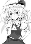  1girl bangs e.o. eyebrows_visible_through_hair flandre_scarlet greyscale hair_between_eyes highres monochrome one_side_up short_hair simple_background solo touhou white_background 