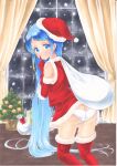  1girl absurdres ass bangs blue_eyes blue_hair christmas christmas_tree commentary_request dress elbow_gloves finger_to_mouth fur-trimmed_dress fur-trimmed_gloves fur-trimmed_headwear fur-trimmed_legwear fur_trim gloves gradient_hair hat highres holding holding_sack kantai_collection long_hair looking_at_viewer marker_(medium) multicolored_hair panties red_dress red_gloves red_headwear red_legwear sack samidare_(kancolle) santa_costume santa_dress santa_hat shushing sleeveless sleeveless_dress solo swept_bangs thigh-highs traditional_media underwear very_long_hair white_panties yuuki_chima 