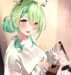  1girl :d absurdres alternate_costume alternate_hairstyle antlers blush braid ceres_fauna cooking flower french_braid green_hair green_nails hair_bun hair_flower hair_ornament highres hololive hololive_english ladle leaf long_hair looking_at_viewer smile solo sosuke_(yrmon) sweater upper_body virtual_youtuber yellow_eyes 