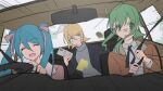  3girls aqua_hair black_jacket blonde_hair bow brown_jacket car_interior closed_eyes commentary constricted_pupils driving dutch_angle emphasis_lines green_eyes green_hair grey_sweater gumi hair_bow hatsune_miku holding holding_phone jacket kagamine_rin long_hair mirror multiple_girls phone pink_jacket scared seatbelt shaded_face short_hair sitting smile steering_wheel sweat sweater symbol-only_commentary turtleneck turtleneck_sweater twintails vocaloid white_bow wounds404 