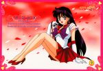  1990s_(style) 1girl bishoujo_senshi_sailor_moon black_eyes black_hair border choker earrings elbow_gloves full_body gloves high_heels hino_rei jewelry logo long_hair magical_girl miniskirt official_art petals pleated_skirt red_footwear red_skirt retro_artstyle sailor_mars sitting skirt solo star_(symbol) star_earrings tiara 