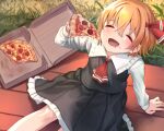  1girl black_skirt black_vest blonde_hair blush closed_eyes collared_shirt drooling fang food food_on_face hair_between_eyes hair_ribbon holding holding_food long_sleeves mouth_drool open_mouth pizza pizza_box pizza_slice red_ribbon ribbon roke_(taikodon) rumia shirt short_hair sitting skirt smile solo touhou vest white_shirt 