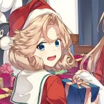  1girl blonde_hair blue_eyes commentary_request failure_penguin fur-trimmed_headwear fur_trim gift hat holding janus_(kancolle) kantai_collection konishi_(koconatu) looking_at_viewer lowres official_art open_mouth red_headwear sailor_collar santa_hat short_hair solo upper_body white_sailor_collar 