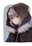  1girl absurdres border fate/grand_order fate_(series) fur-trimmed_jacket fur_trim gray_(fate) green_eyes grey_background grey_hair highres hood jacket looking_at_viewer outside_border painterly shiburingaru sidelocks solo upper_body white_border 