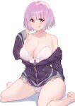  1girl :q absurdres bikini blush breasts eyebrows_visible_through_hair gridman_universe highres hood hoodie kimi_tsuru large_breasts open_clothes open_hoodie purple_hair purple_hoodie red_eyes seiza shinjou_akane sitting solo ssss.gridman swimsuit swimsuit_under_clothes tongue tongue_out uniform white_bikini 