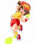  1girl arm_up armpits bakusou_kyoudai_let&#039;s_&amp;_go!! baseball_cap bike_shorts brown_eyes brown_hair character_name child full_body hat hoshino_fuuta kneehighs leg_lift navel open_mouth ponytail red_footwear red_headwear red_shorts sagami_jun shirt shoes short_hair shorts simple_background sleeveless sleeveless_shirt smile sneakers solo standing standing_on_one_leg white_background wristband yellow_legwear yellow_shirt 