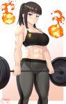  1girl 2021 abs absurdres artist_name barbell black_hair breasts castell collarbone commentary dated en&#039;en_no_shouboutai english_commentary feet_out_of_frame fire highres holding large_breasts looking_at_viewer maki_oze muscular muscular_female navel ponytail simple_background solo sports_bra sweat violet_eyes watermark weightlifting white_background 