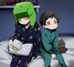  2boys bed black_hair book brothers brown_eyes fur_hat green_eyes hat highres holding holding_book ike_broflovski kyle_broflovski lktt multiple_boys open_book pajamas redhead short_hair siblings sitting south_park stuffed_animal stuffed_toy teddy_bear ushanka 