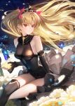  1girl bangs blonde_hair breasts earrings ereshkigal_(fate) fate/grand_order fate_(series) hair_ribbon highres hoop_earrings jewelry long_hair medium_breasts parted_bangs red_eyes ribbon siino tiara two_side_up 