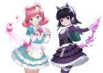  2girls absurdres animal_ears annie_(league_of_legends) apron backpack bag bangs black_hair blush bow bowtie buttons cafe_cuties_annie cat_ears cherry cowboy_shot cross cross_earrings cupcake double-breasted dress dual_persona earrings eyebrows_visible_through_hair fake_animal_ears fire food frilled_dress frills fruit goth_annie gothic green_dress gummy_bear gummy_bear_earrings hair_bow hands_up highres jewelry laon layered_dress layered_sleeves league_of_legends long_sleeves magic medium_hair multiple_girls official_alternate_costume pantyhose parted_lips pink_bow pink_bowtie pink_hair shiny shiny_hair short_over_long_sleeves short_sleeves smile striped striped_legwear violet_eyes waist_apron white_bow white_legwear 