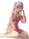  1girl :o absurdres bangs bare_shoulders braid breasts commentary_request detached_collar dress emilia_(re:zero) eyebrows_visible_through_hair gem hair_ornament hand_up highres long_hair long_sleeves medium_breasts one_eye_closed open_mouth pajamas pink_dress purple_hair re:zero_kara_hajimeru_isekai_seikatsu shiny shiny_hair sitting solo thigh-highs violet_eyes white_legwear x_hair_ornament yeorem 