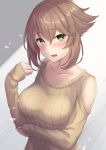  1girl alternate_costume breasts brown_hair brown_sweater clothing_cutout collarbone flipped_hair green_eyes highres kantai_collection large_breasts long_sleeves monoku mutsu_(kancolle) short_hair shoulder_cutout solo sweater upper_body 