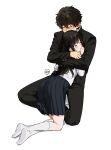  1boy 1girl artist_logo bangs black_hair black_jacket black_pants black_sailor_collar black_skirt blush brown_hair chitanda_eru closed_eyes eyebrows_visible_through_hair full_body gakuran hair_between_eyes hetero highres hug hyouka jacket kneehighs long_hair long_sleeves mery_(yangmalgage) no_shoes oreki_houtarou pants pleated_skirt sailor_collar school_uniform serafuku short_hair simple_background skirt socks white_background white_legwear 