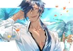  1boy bangs blue_eyes bottle crossed_bangs dark-skinned_male dark_skin earrings fangs genshin_impact hair_between_eyes high_collar highres hiiro_(coinxtossxdive) holding holding_bottle jewelry kaeya_(genshin_impact) leaf long_hair looking_at_viewer male_focus one_eye_closed open_mouth palm_tree pectoral_cleavage pectorals shirt single_earring sky solo tree twitter_username upper_body white_shirt 