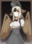  1girl animal_ears bangs bird_ears black_background black_headwear black_souls bonnet bow breasts brown_hair brown_wings commentary_request dodo_(black_souls) eyebrows_visible_through_hair feathered_wings feathers gradient gradient_background harpy korean_commentary large_breasts long_hair monster_girl one_eye_closed pixel_art red_bow red_eyes rypm4857 shirt sidelocks smile solo vest white_shirt winged_arms wings 