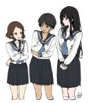  3girls back_hair bangs black_hair black_sailor_collar blue_eyes blush brown_hair chitanda_eru collarbone cropped_legs dark_skin hair_ornament hairclip highres hyouka ibara_mayaka long_hair long_sleeves looking_at_another mery_(yangmalgage) multiple_girls oohinata_tomoko open_mouth pleated_skirt red_eyes sailor_collar school_uniform short_hair simple_background skirt violet_eyes white_background 