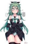  1girl absurdres aqua_eyes artist_name baileys_(tranquillity650) black_gloves black_legwear black_serafuku black_skirt blush braid clothes_lift collarbone cowboy_shot elbow_gloves gloves green_hair green_neckerchief hair_between_eyes hair_flaps hair_ribbon highres kantai_collection lifted_by_self long_hair looking_at_viewer neckerchief open_mouth panties pleated_skirt ponytail remodel_(kantai_collection) ribbon school_uniform serafuku signature simple_background skirt skirt_lift solo striped striped_panties thigh-highs thought_bubble twin_braids twitter_username underwear white_background yamakaze_(kancolle) yamakaze_kai_ni_(kancolle) 