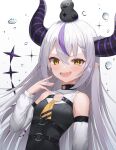  1girl :d animal_on_head bangs bird bird_on_head blush commentary_request crow_(la+_darknesss) demon_horns eyebrows_visible_through_hair fang hair_between_eyes highres hololive horns la+_darknesss looking_at_viewer multicolored_hair on_head pointy_ears purple_hair shuvi_(shuvi1125) silver_hair skin_fang smile solo streaked_hair virtual_youtuber yellow_eyes 