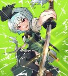  1girl arms_up bangs black_bow black_bowtie black_eyes black_hairband black_legwear bow bowtie breasts brown_footwear collar collared_shirt dress eyebrows_visible_through_hair fang green_background green_dress grey_hair hairband hands_up katana konpaku_youmu looking_at_viewer medium_breasts open_mouth orange_eyes puffy_short_sleeves puffy_sleeves shirt shoes short_hair short_sleeves simple_background smile solo sparkle sword teeth thigh-highs tongue touhou weapon white_shirt xmj6teuc 