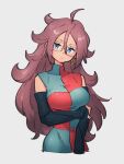  android_21 blue_eyes breasts checkered checkered_dress dragon_ball dragon_ball_fighterz dress earrings glasses grey_background hair_between_eyes hoop_earrings jewelry kemachiku large_breasts long_hair looking_at_viewer redhead simple_background 