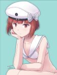  1girl blue_background breasts brown_eyes character_name clothes_writing dated eyebrows_visible_through_hair hat kantai_collection nao_(nao_eg) redhead sailor_bikini sailor_collar sailor_hat short_hair signature simple_background small_breasts solo z3_max_schultz_(kancolle) 