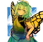  &gt;:) 1girl antennae aqua_hair bad_id bad_twitter_id butterfly_wings closed_mouth dress eternity_larva eyebrows_visible_through_hair fairy green_dress hair_between_eyes highres kujikimi leaf leaf_on_head multicolored_clothes multicolored_dress short_hair short_sleeves single_strap smile solo third-party_source touhou v-shaped_eyebrows wings yellow_eyes 