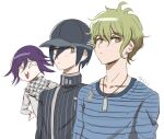  3boys amami_rantarou artist_name bangs black_hair black_headwear black_jacket brown_eyes buttons checkered_clothes checkered_scarf collarbone commentary danganronpa_(series) danganronpa_v3:_killing_harmony double-breasted eyebrows_visible_through_hair green_hair grey_scarf hair_between_eyes jacket jewelry long_sleeves messy_hair multiple_boys necklace ouma_kokichi purple_hair qosic saihara_shuuichi scarf shiny shiny_hair shirt short_hair simple_background striped striped_jacket striped_shirt white_background 