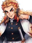 1boy black_jacket blonde_hair cape closed_mouth commentary_request hand_up highres jacket katana kimetsu_no_yaiba long_hair long_sleeves looking_at_viewer male_focus multicolored_hair red_eyes redhead rengoku_kyoujurou sheath sheathed simple_background smile solo streaked_hair sword thick_eyebrows townoise upper_body weapon white_background white_cape 
