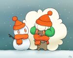  :d aoyagi_nira blush commentary_request hat hatted_pokemon no_humans open_mouth orange_eyes orange_headwear orange_scarf pokemon pokemon_(creature) scarf signature smile snowing snowman standing tongue whimsicott 