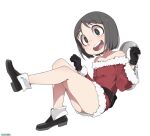  1girl bare_shoulders bell black_eyes black_footwear black_gloves black_hair full_body gloves hands_up head_tilt highres leg_up lying nanobana_kinako nichijou once_11h open_mouth robot santa_costume shinonome_nano shoes short_hair simple_background smile solo white_background winding_key 