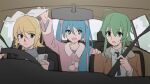  3girls aqua_eyes aqua_hair arm_up black_jacket blonde_hair blue_eyes bow brown_jacket car_interior commentary driving green_eyes green_hair grey_sweater gumi hair_bow hatsune_miku holding holding_phone jacket kagamine_rin long_hair looking_at_phone mirror multiple_girls open_mouth phone pink_jacket seatbelt short_hair sitting smile sparkling_eyes steering_wheel sweat sweater symbol-only_commentary turtleneck turtleneck_sweater twintails vocaloid white_bow wounds404 