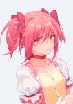  1girl asagami_(hnt16303310) bow choker closed_mouth hair_bow kaname_madoka looking_at_viewer magical_girl mahou_shoujo_madoka_magica pink_bow pink_eyes pink_hair puffy_short_sleeves puffy_sleeves red_choker ribbon_choker short_hair short_sleeves short_twintails simple_background solo twintails upper_body white_background 