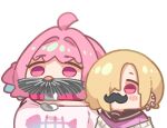  2girls ahoge blonde_hair blush_stickers breasts chibi commentary ear_piercing empty_eyes fake_facial_hair fake_mustache fish_bone_print hair_intakes idolmaster idolmaster_cinderella_girls large_breasts multiple_girls piercing pink_eyes pink_hair sailor_collar shirasaka_koume shirt short_eyebrows short_hair simple_background symbol-only_commentary takato_kurosuke upper_body white_background yumemi_riamu 