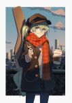 1girl black_coat blue_legwear blue_sky brown_headwear buttons chinese_commentary closed_mouth clouds coat coffee_cup commentary_request cowboy_shot cup disposable_cup earphones earphones glasses green_eyes green_hair guitar_case hat hatsune_miku highres holding holding_cup hua_ben_wuming instrument_case instrument_on_back light_smile long_hair long_sleeves looking_at_viewer outdoors pantyhose plaid plaid_skirt red_scarf scarf shirt skirt sky skyline solo twintails vocaloid white_shirt 
