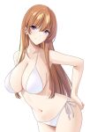  1girl bangs bikini brown_hair closed_mouth collarbone commentary_request eyebrows_visible_through_hair highres long_hair looking_at_viewer marui_koishi navel original side-tie_bikini simple_background smile solo swimsuit violet_eyes 