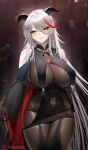  1girl aegir_(azur_lane) arms_at_sides azur_lane bare_shoulders black_cape blurry blurry_background bodystocking breast_curtains breasts cape corset cowboy_shot cross cross_earrings curled_horns demon_horns detached_sleeves earrings english_commentary fouriasensei gloves grey_hair hair_between_eyes hair_on_horn highres horns iron_cross jewelry large_breasts lipgloss long_hair looking_at_viewer mixed-language_commentary multicolored_hair navel redhead revealing_clothes see-through silver_hair skindentation slit_pupils solo streaked_hair thigh_gap two-tone_cape two-tone_hair very_long_hair yellow_eyes 